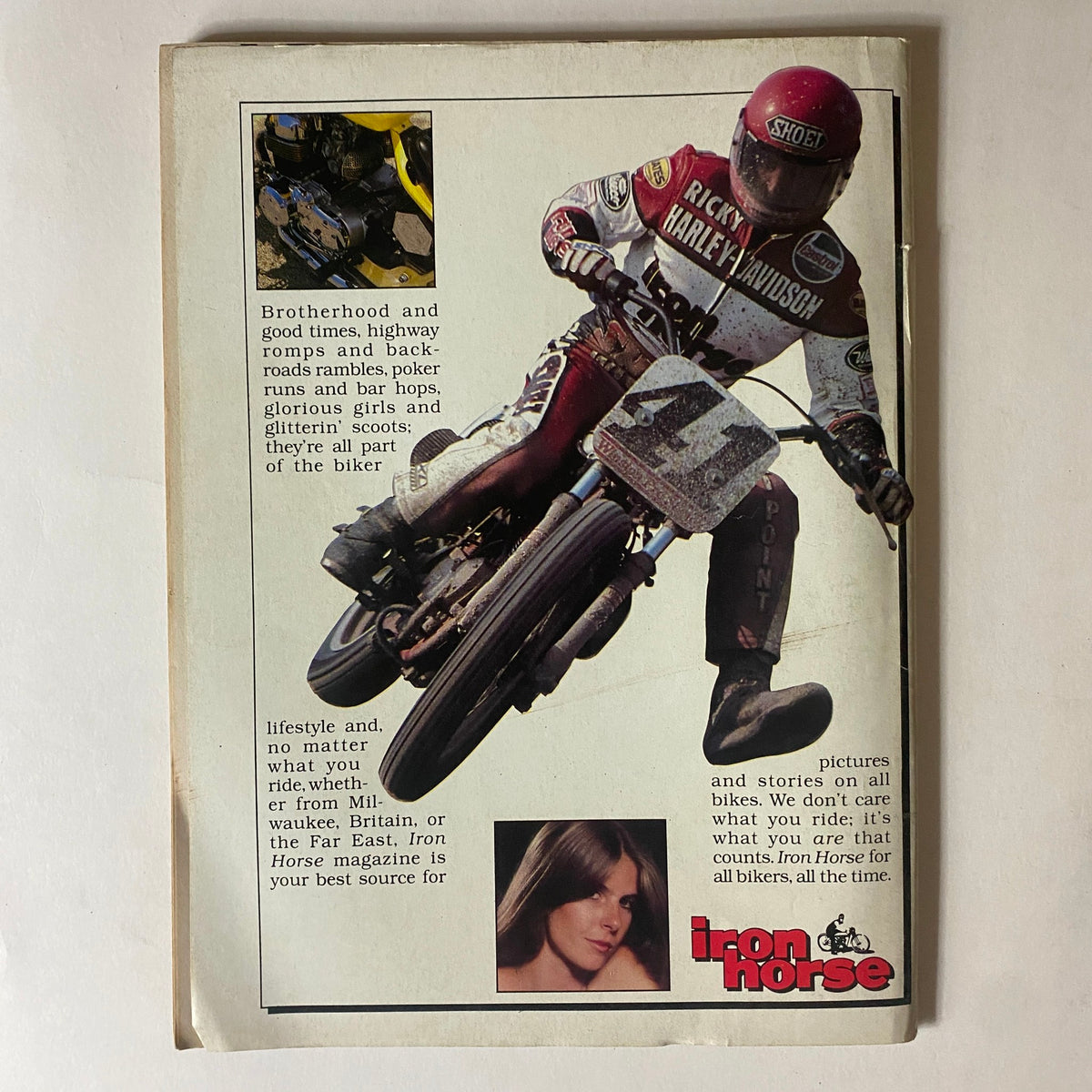 Back cover of VTG Easyriders Magazine March 1983 featuring a motorcycle racer in action, promoting biker lifestyle and community, alongside advertisements from Iron Horse magazine.