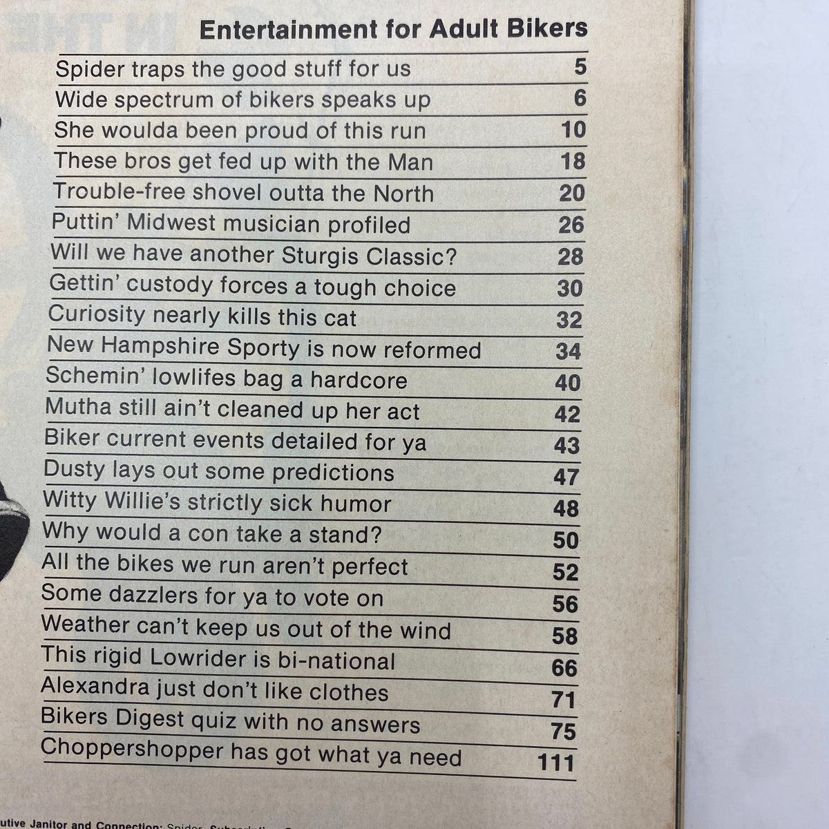Table of contents page from Easyriders Magazine February 1983, showcasing various articles and features related to motorcycle culture.