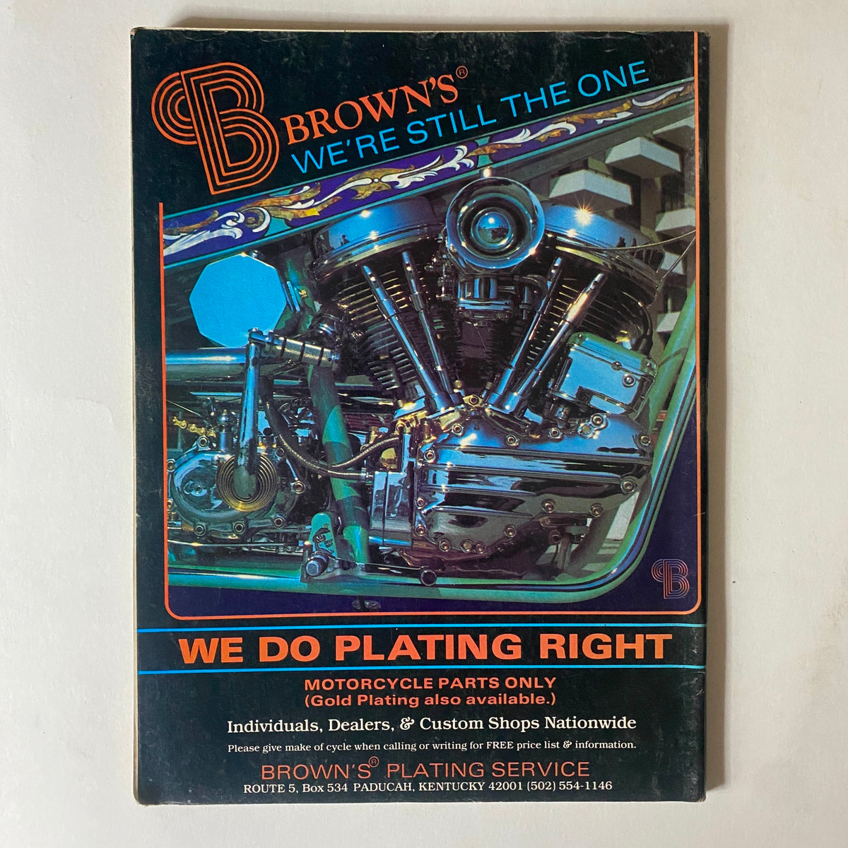 Ad for BROWN'S Plating Service from Easyriders Magazine February 1983, promoting motorcycle parts and plating services with a detailed image of a motorcycle engine.