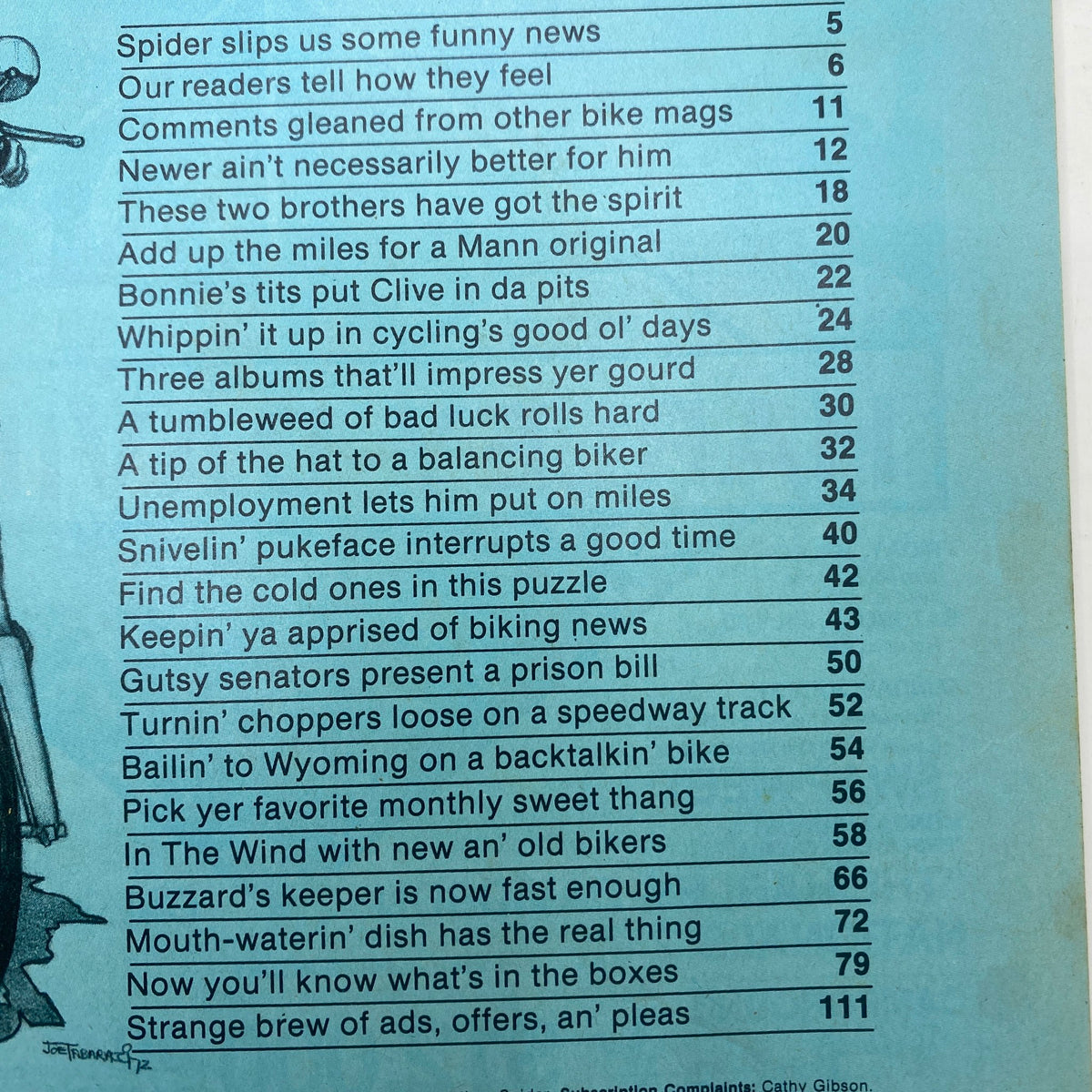 Contents page of VTG Easyriders Magazine June 1983 listing various articles and features including biking news, humorous segments, and special features on motorcycle culture.