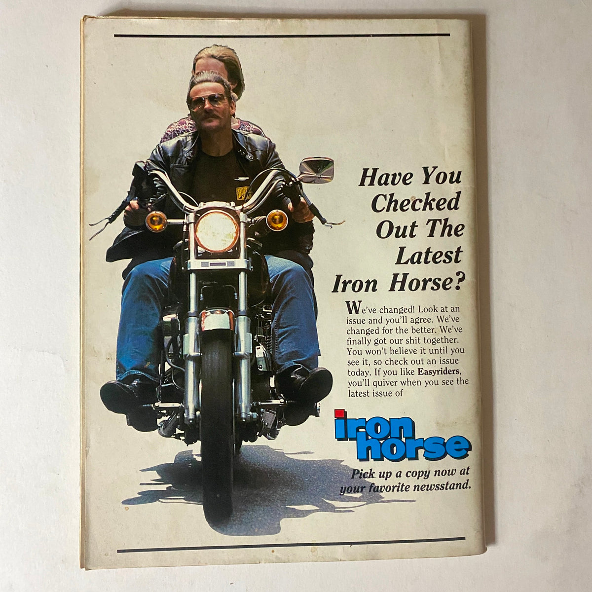 Advertisement from VTG Easyriders Magazine August 1983, encouraging readers to check out the latest edition of Iron Horse magazine, featuring a photograph of a biker on a motorcycle.