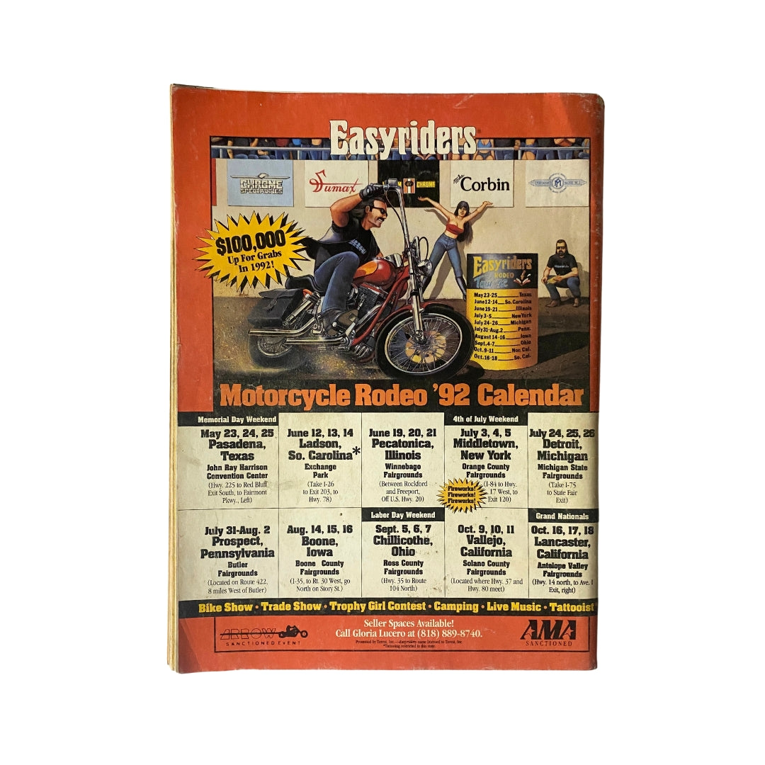 Back cover of Easyriders Magazine July 1992 showing the Motorcycle Rodeo ’92 Calendar and various biker events.
