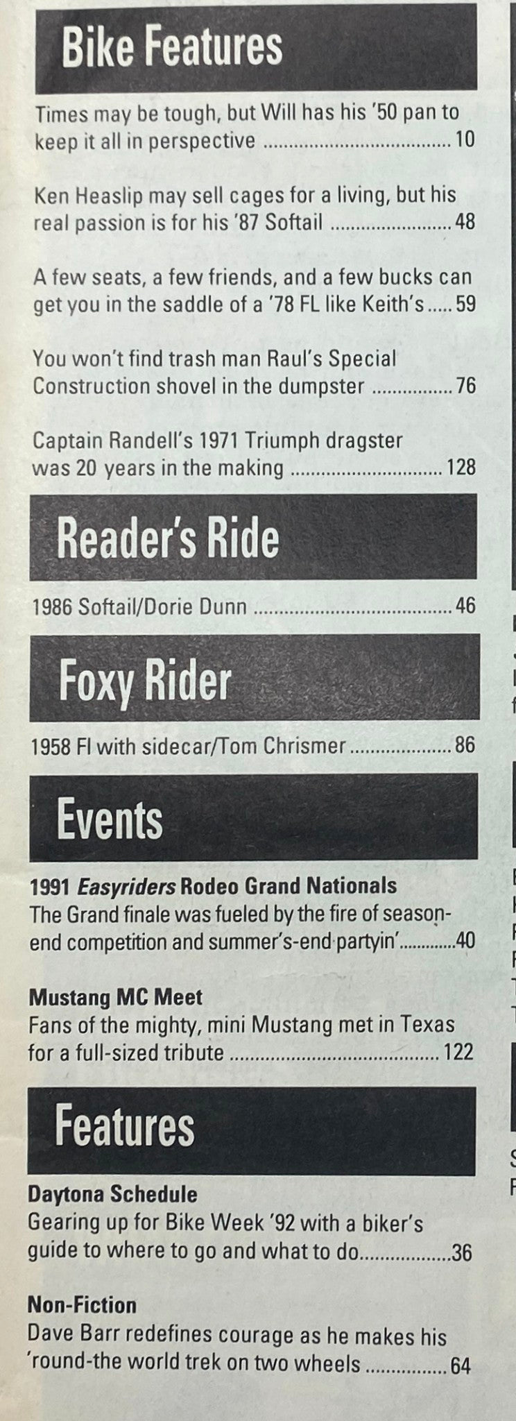 Table of contents from Easyriders Magazine March 1992, listing features on motorcycle enthusiasts and events, including Captain Randell’s Triumph dragster.
