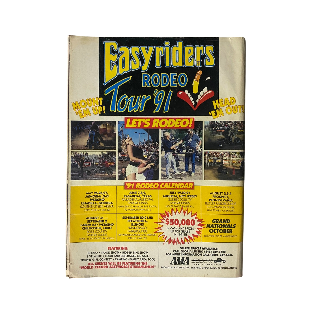 Back cover of Easyriders Magazine July 1991, presenting the 'Easyriders Rodeo Tour 91' calendar and promotional images, emphasizing motorcycle events and contests.