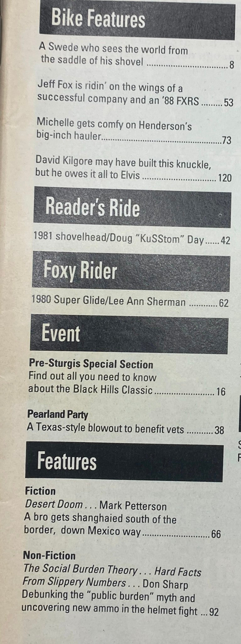 Contents page of Easyriders Magazine August 1991, outlining features including bike stories and events such as the Pre-Sturgis Special Section and fiction piece 'Desert Doom'.