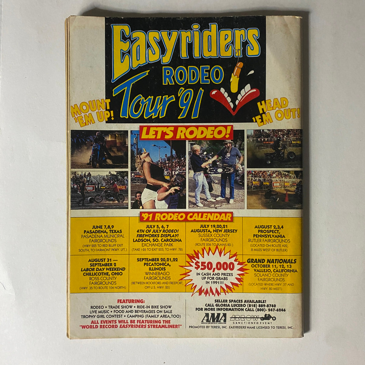 Back cover of Easyriders Magazine August 1991, featuring details about the Easyriders Rodeo Tour '91, including event highlights and a promotional calendar for motorcycle events across the US.