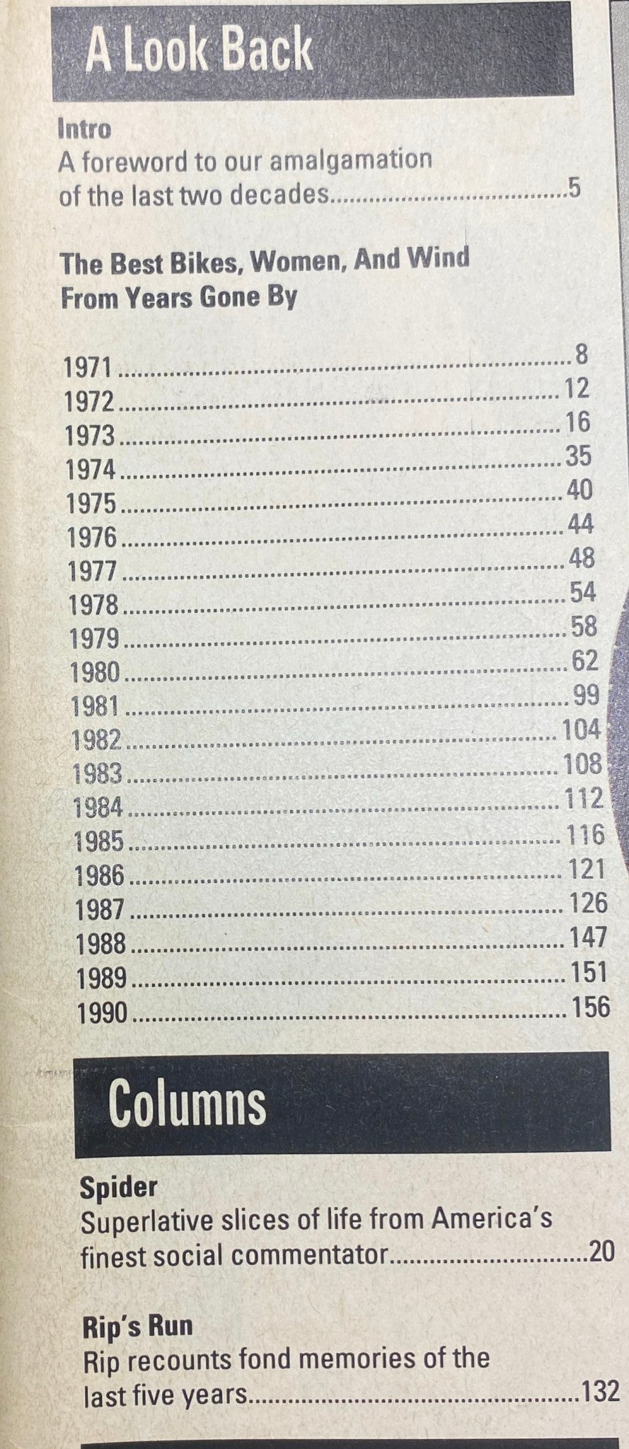 Table of contents from Easyriders Magazine June 1991 highlighting features on bikes, women, and wind from past decades.