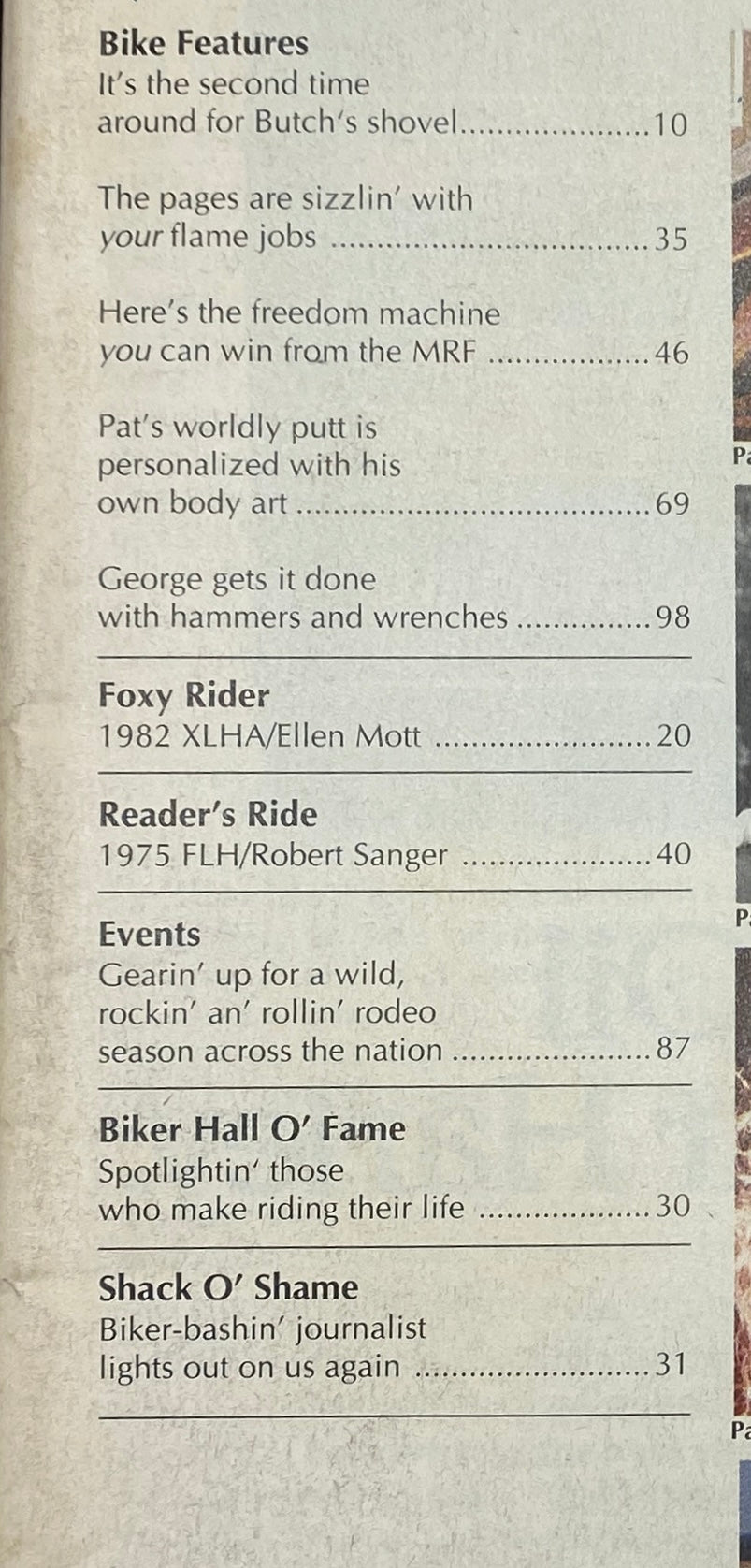 Table of contents from Easyriders Magazine August 1990, listing motorcycle features, events, and highlights from the Flamed Special Lotsa Contest Winners issue.