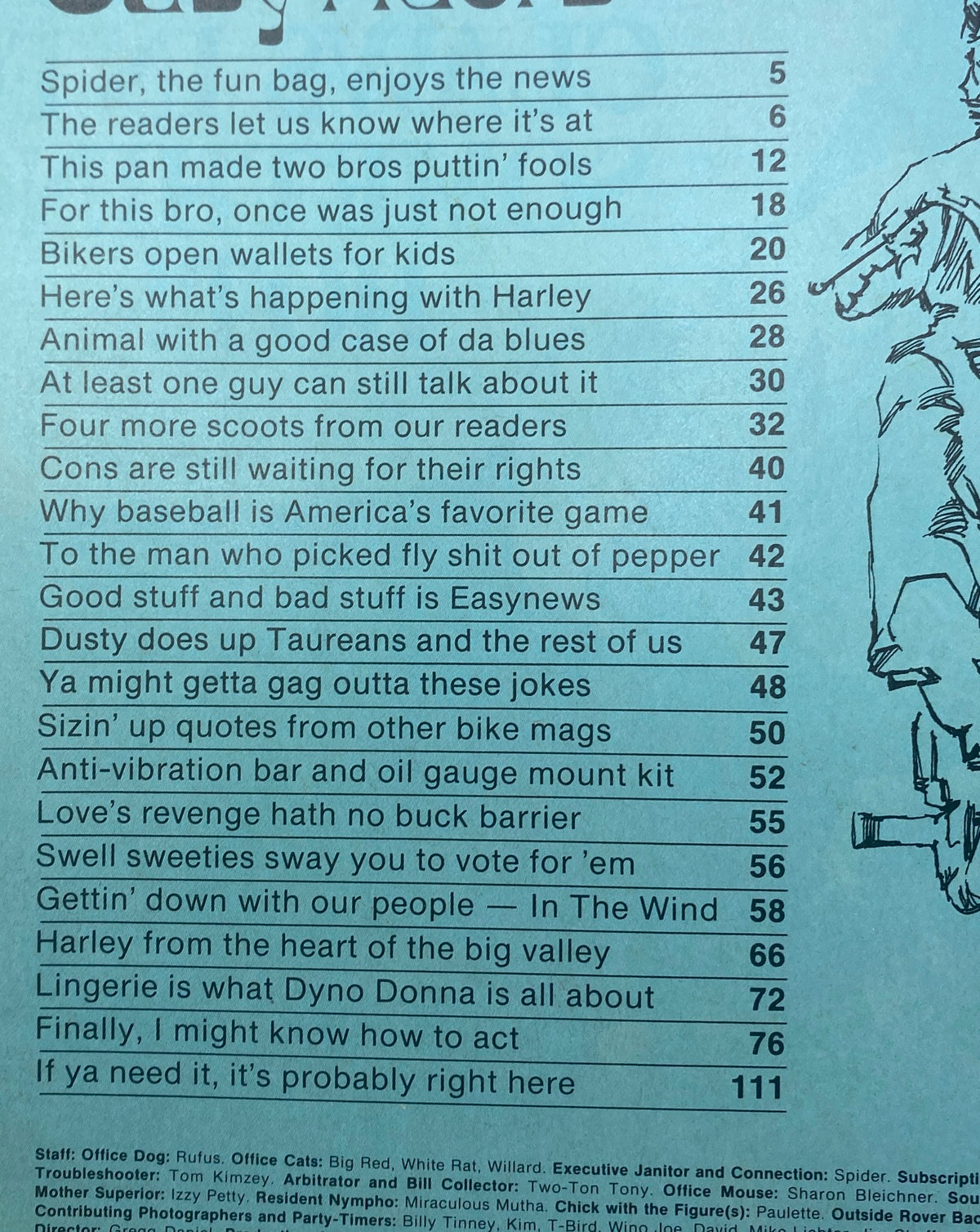 Table of contents for VTG Easyriders Magazine May 1983 showcasing article titles related to biker lifestyle and culture, providing insights into the magazine's diverse content.