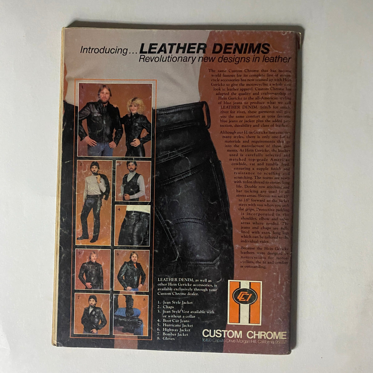 Back cover of VTG Easyriders Magazine May 1983 promoting innovative leather denim designs by Custom Chrome, featuring images of biker apparel.