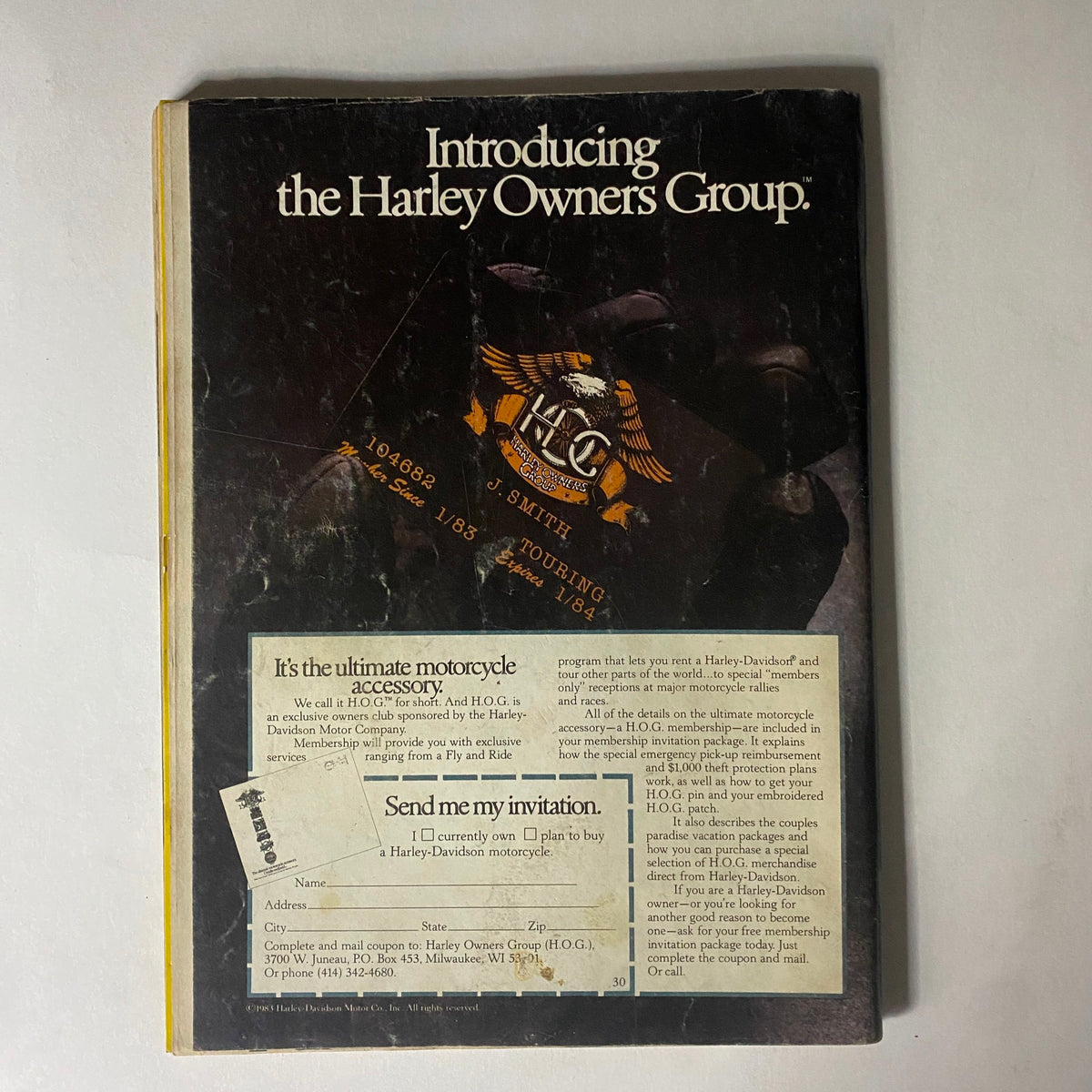 Back cover of VTG Easyriders Magazine July 1983 featuring the promotion for the Harley Owners Group with an invitation and contact details, highlighting the community features for Harley-Davidson enthusiasts.