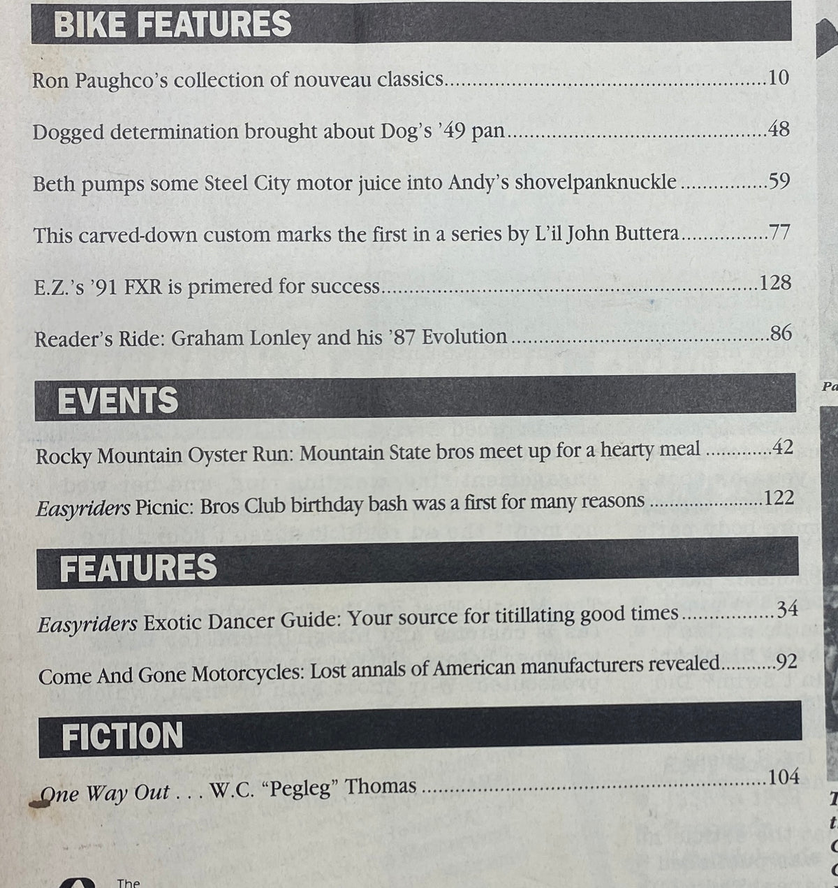 Contents page of Easyriders Magazine May 1993, highlighting features like custom motorcycles, events, and fiction, showcasing the motorcycle culture of the early '90s.