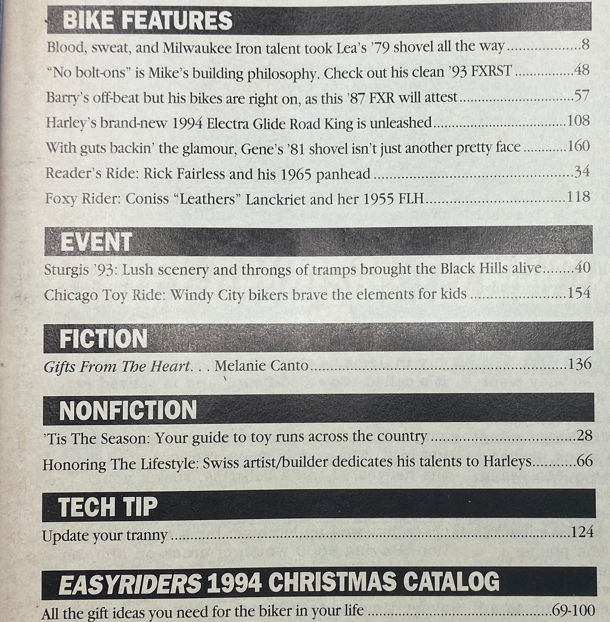 Easyriders Magazine December 1993 table of contents featuring motorcycle bike builds and events such as Sturgis '93. Highlights include articles on Lea's '79 shovel and Mike's '93 FXRST.