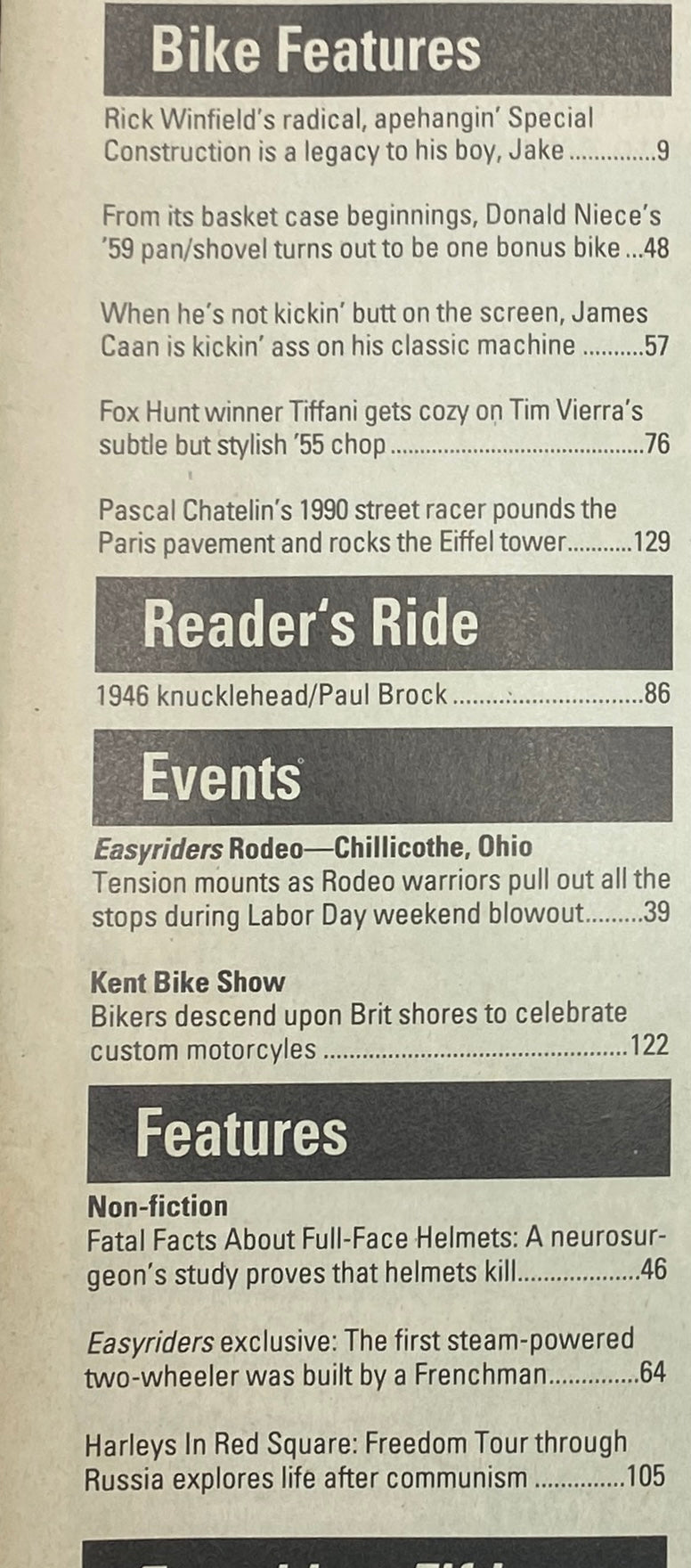 Interior page of Easyriders Magazine February 1993, detailing bike features including Rick Winfield's motorcycle and highlights related to James Caan, reflective of the magazine's focus on motorcycle culture.