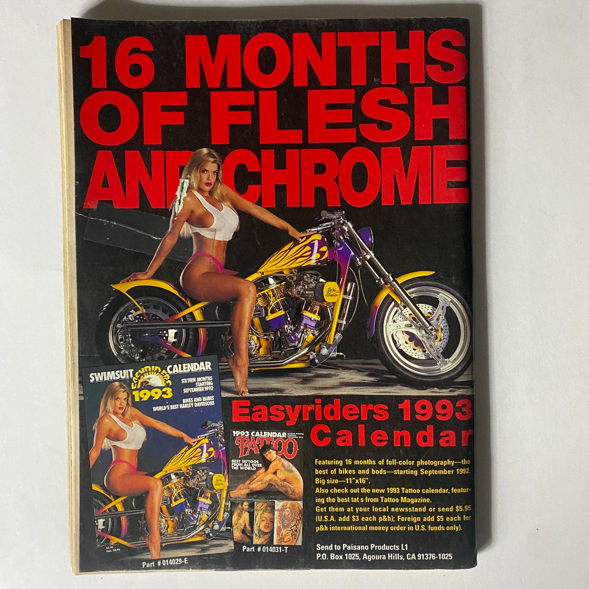 Back cover of Easyriders Magazine February 1993 displaying '16 Months of Flesh and Chrome', featuring a calendar with models and motorcycles, emphasizing a celebration of biker aesthetics.