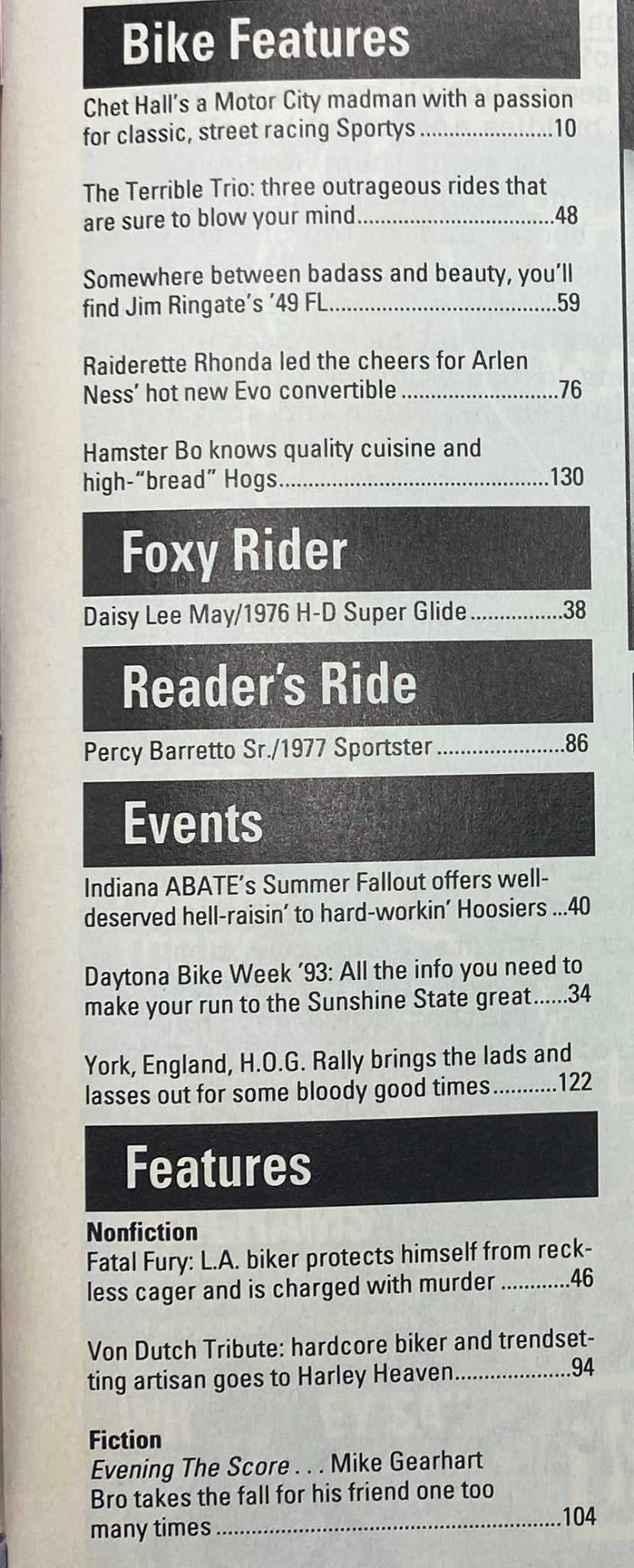 Table of contents from Easyriders Magazine March 1993 highlighting bike features, events, and articles on motorcycle culture.