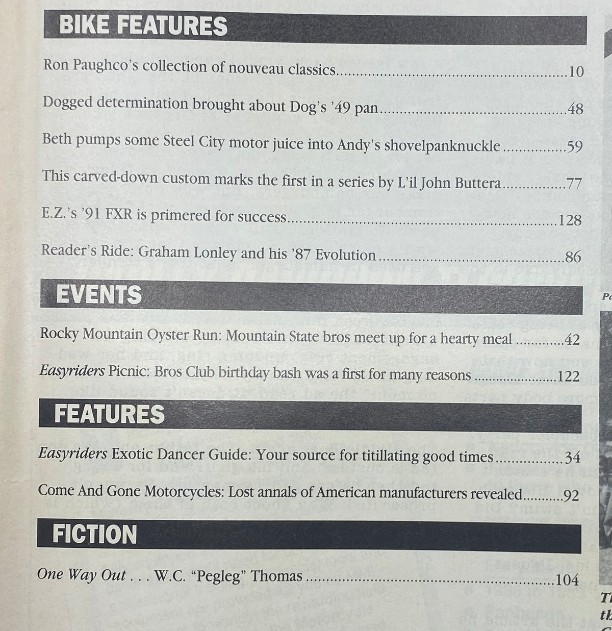 Table of contents from Easyriders Magazine May 1993, showcasing features on bike collections, events, and fiction.