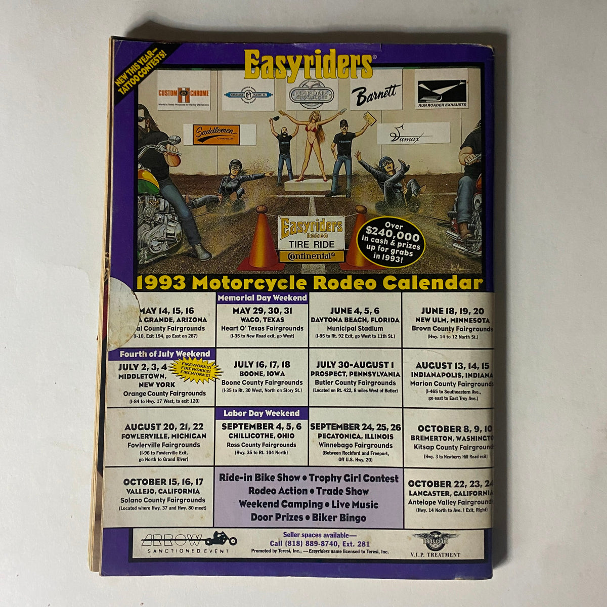 Easyriders Magazine October 1993 back cover showcasing the motorcycle rodeo calendar and event promotions for the biker community.