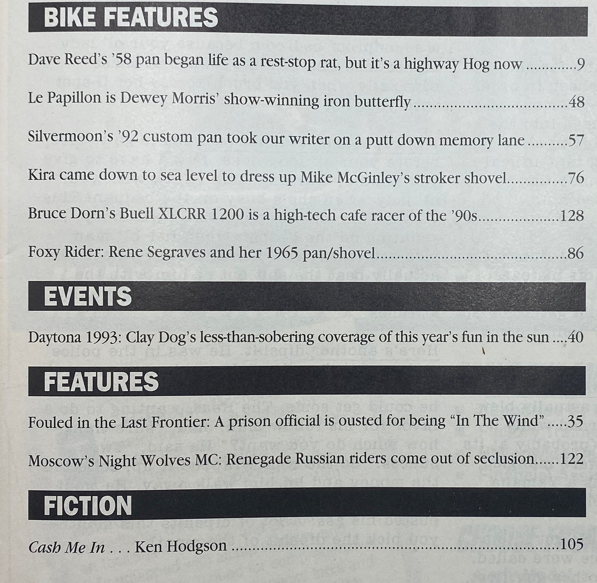 Table of contents from Easyriders Magazine July 1993, highlighting articles including bike features, events, and the story about Moscow's Night Wolves MC.