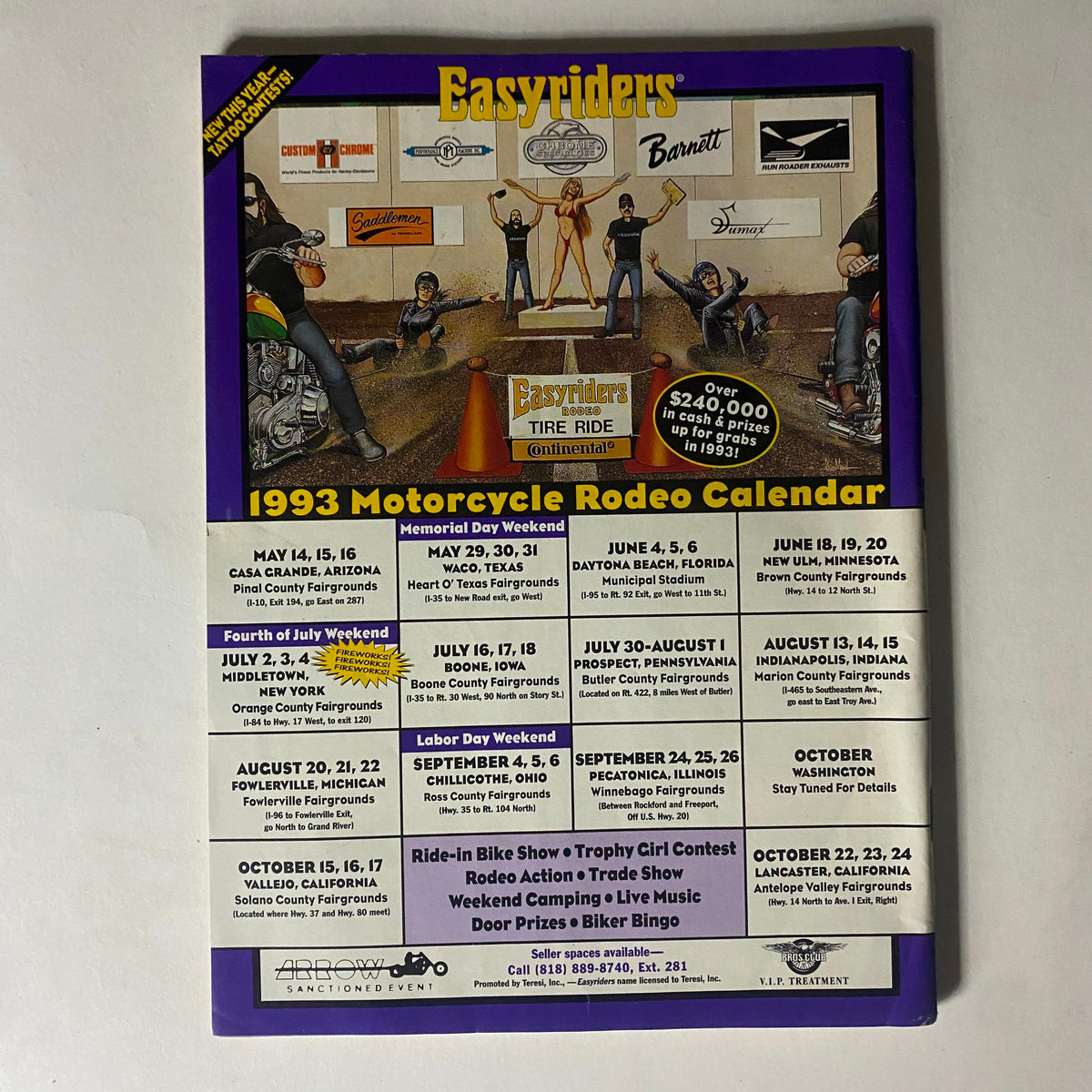 Back cover of Easyriders Magazine July 1993 showcasing the 1993 Motorcycle Rodeo Calendar, with event details and promotions for motorcycle shows.