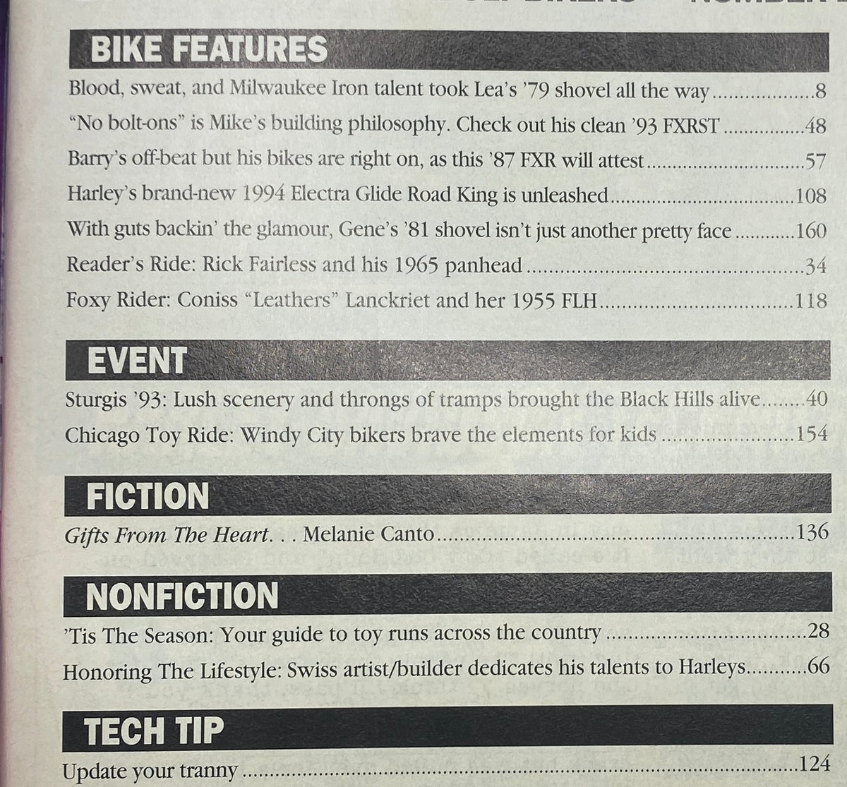 Easyriders Magazine December 1993 inside page showcasing the table of contents with sections on bike features, events, and nonfiction articles.