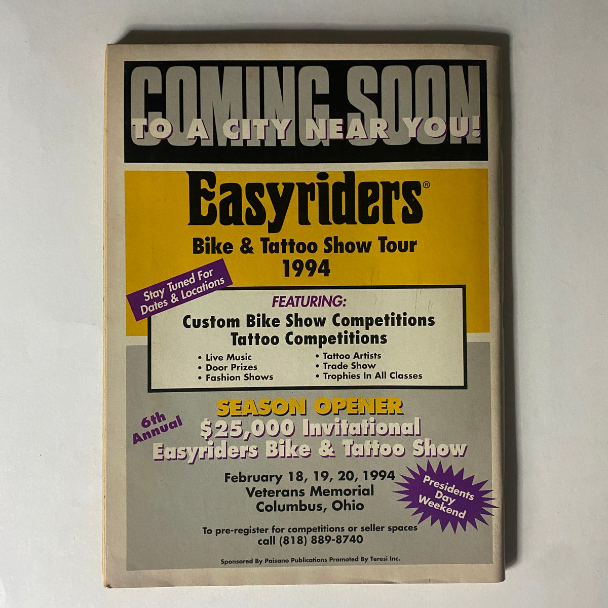 Easyriders Magazine January 1994 promotional image for the Easyriders Bike & Tattoo Show Tour 1994, detailing event features like bike competitions and live music.