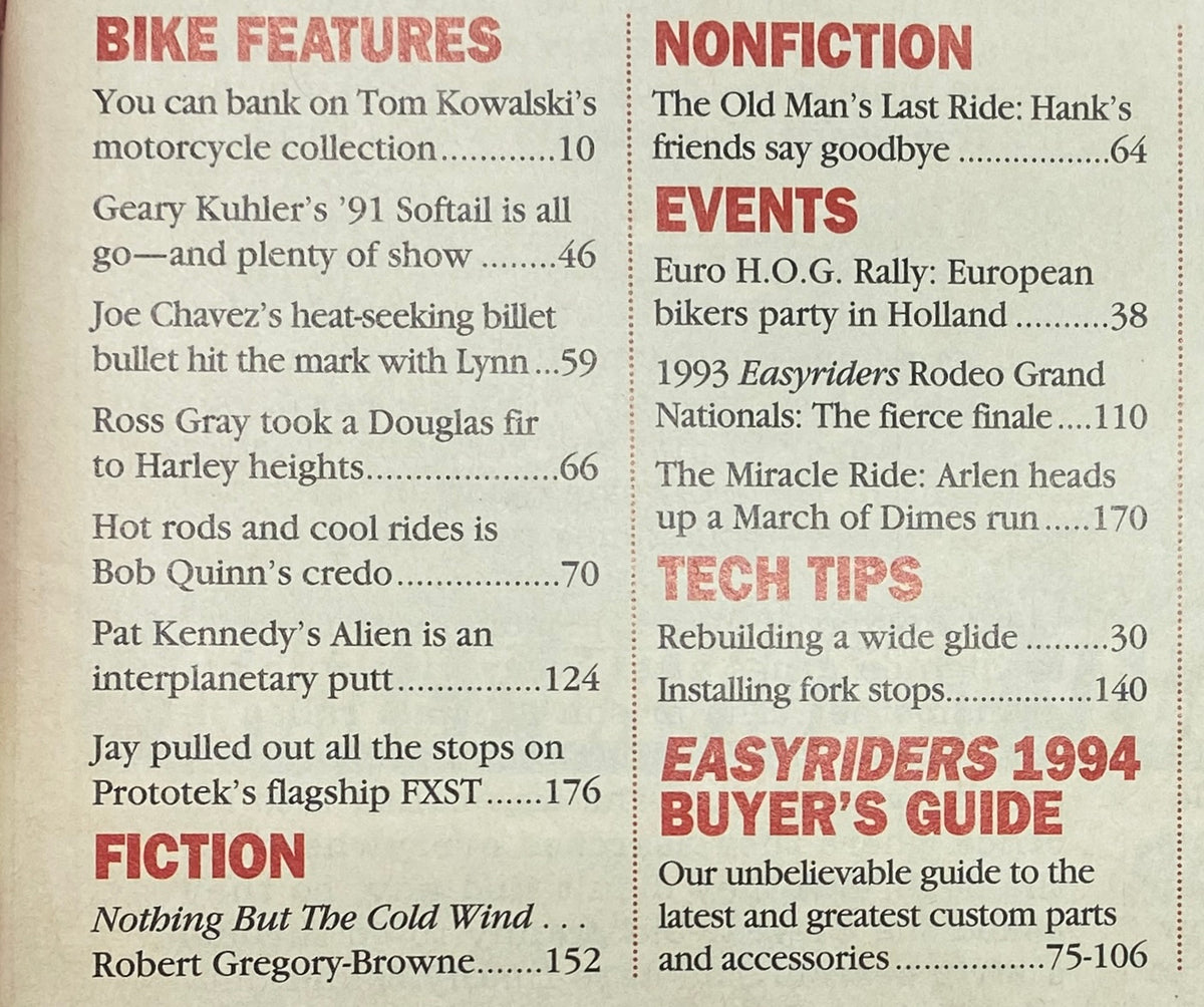 Inside page of Easyriders Magazine April 1994 detailing bike features, events, and nonfiction stories, including highlights from the 1993 Easyriders Grand National Rodeo.