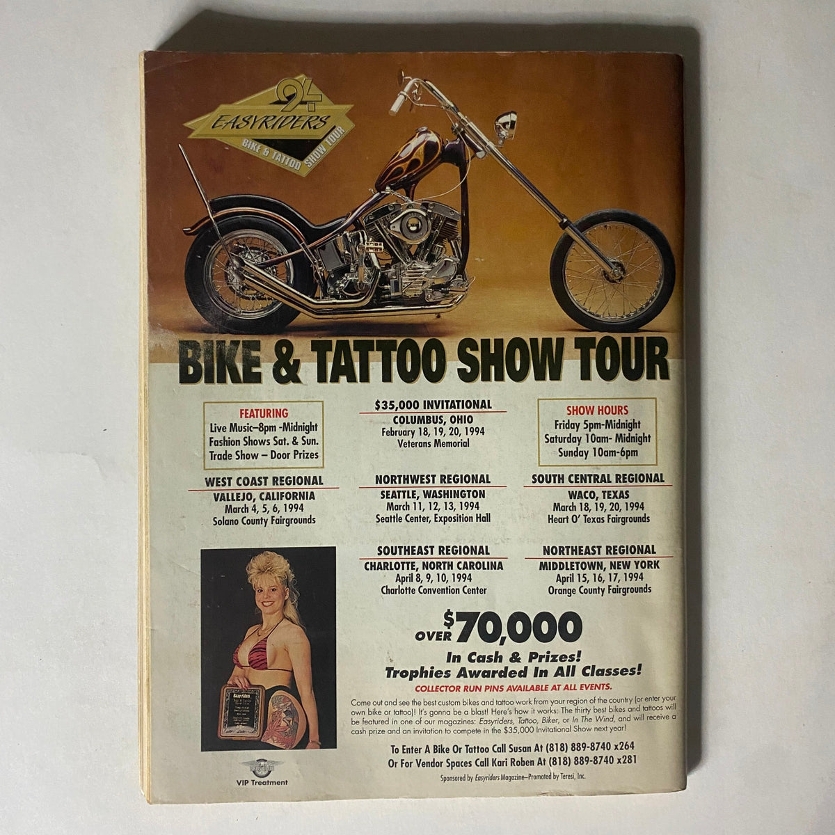 Back cover of Easyriders Magazine April 1994 featuring the Bike & Tattoo Show Tour, with information on upcoming events and prize money.