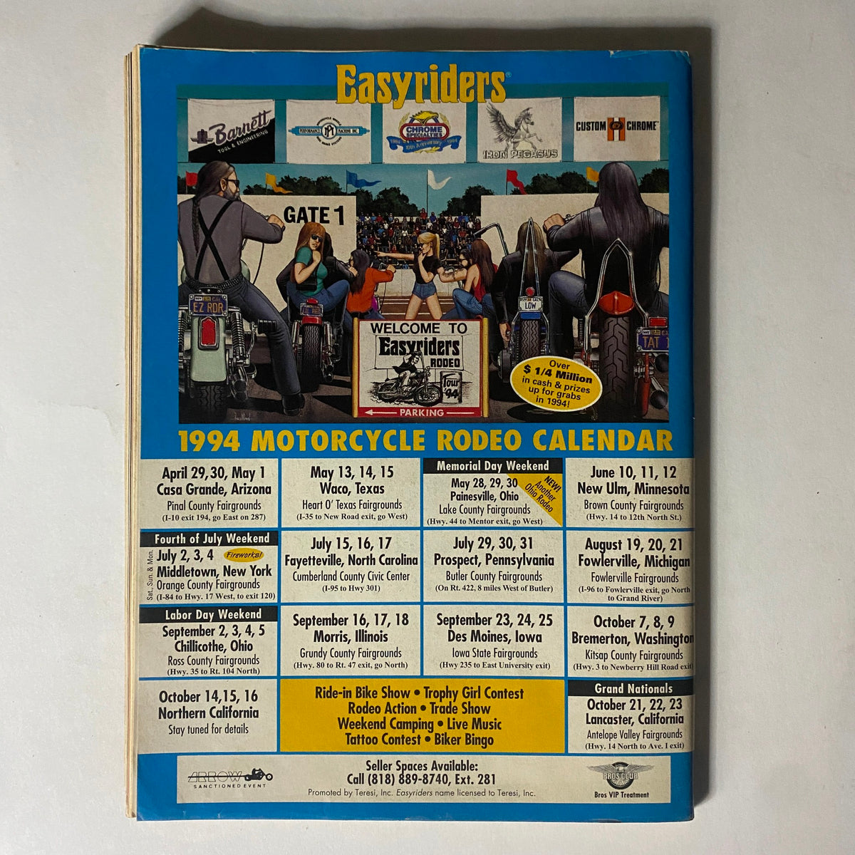 Easyriders Magazine May 1994 featuring a colorful graphic for the 1994 Motorcycle Rodeo Calendar, showcasing various motorcycle events including locations and dates. The magazine page highlights motorcycle culture and events significant to Harley-Davidson enthusiasts.
