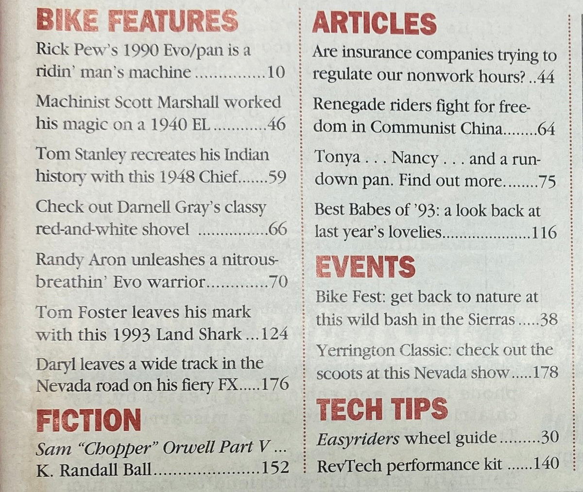 Contents page of Easyriders Magazine June 1994 highlighting bike features, articles, and events, including a look at the Best Babes of ‘93.