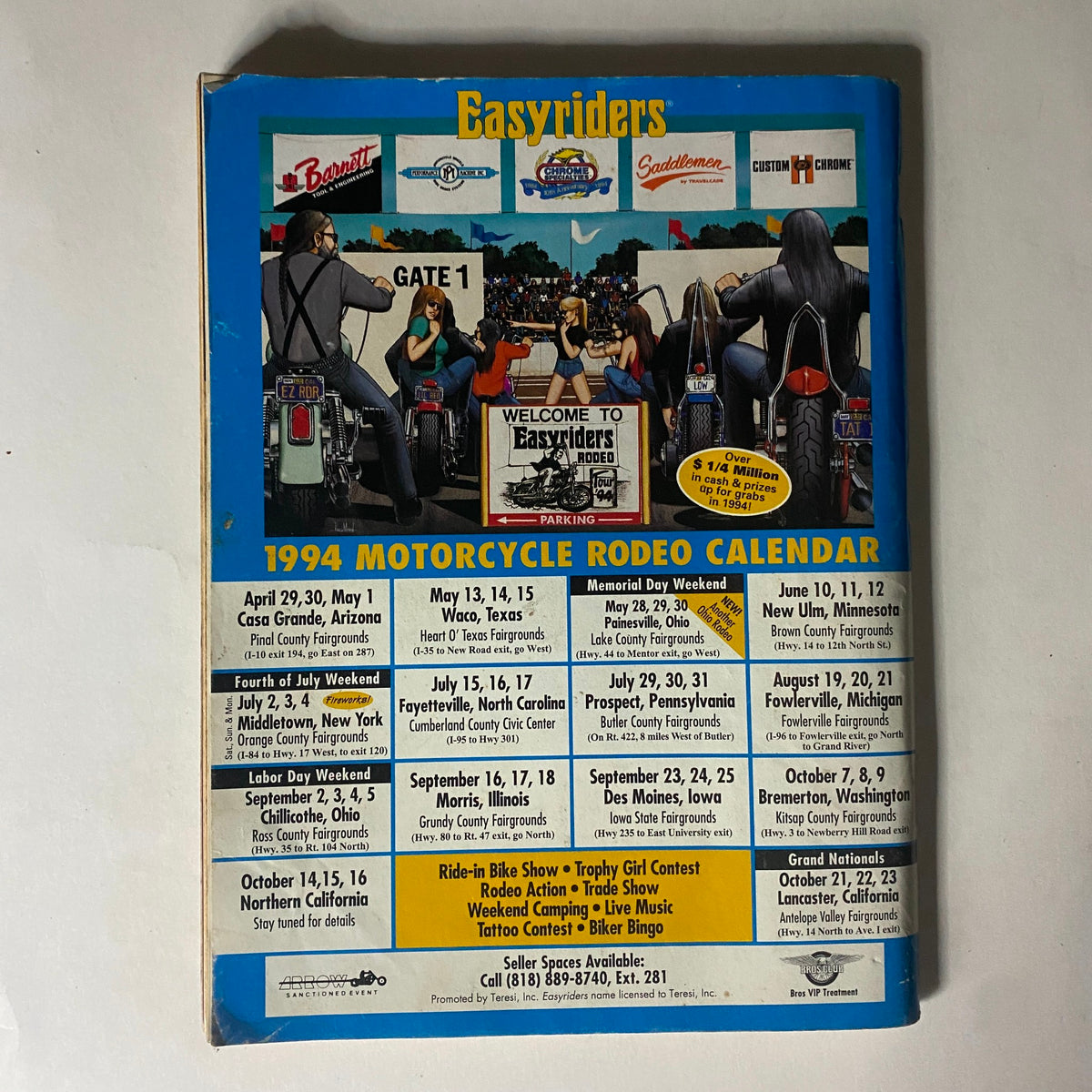 Back cover of Easyriders Magazine June 1994 displaying the 1994 Motorcycle Rodeo Calendar and promotional events, connected to the motorcycle lifestyle.