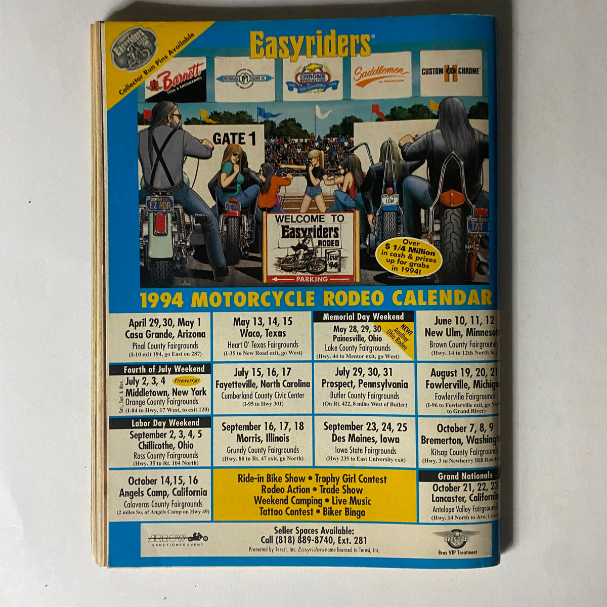 Easyriders Magazine July 1994 back page displaying the Motorcycle Rodeo Calendar for the year, promoting events and gatherings for motorcycle fans.