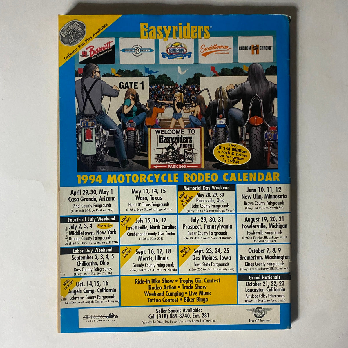 Back cover of Easyriders Magazine September 1994 displaying the 1994 Motorcycle Rodeo Calendar with events and promotions for motorcycle enthusiasts.