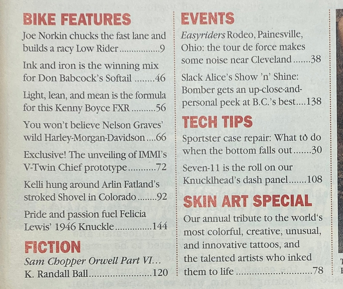 Interior page of Easyriders Magazine, October 1994, showcasing bike features and articles including Joe Norkin's build and IMMI's V-Twin Chief prototype.