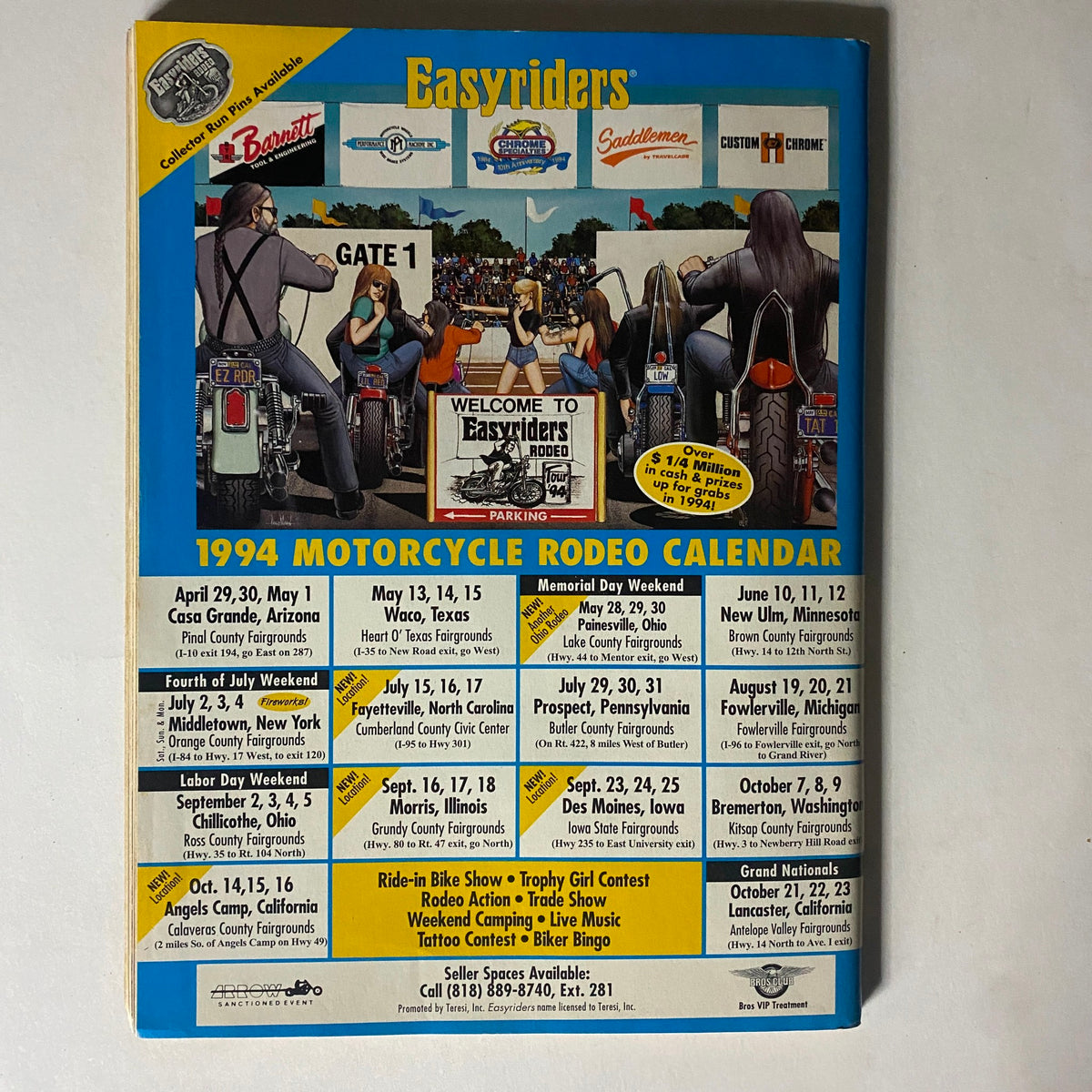 Back cover of Easyriders Magazine, October 1994, displaying the 1994 Motorcycle Rodeo Calendar with event dates and locations for motorcycle enthusiasts.
