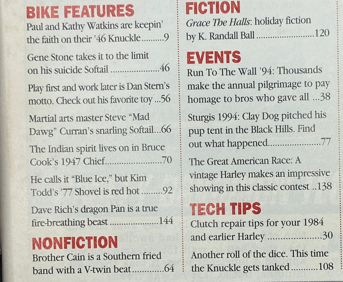 Inside page of Easyriders Magazine December 1994 detailing bike features, articles about motorcycles and notable bikers, and events related to the motorcycle community.