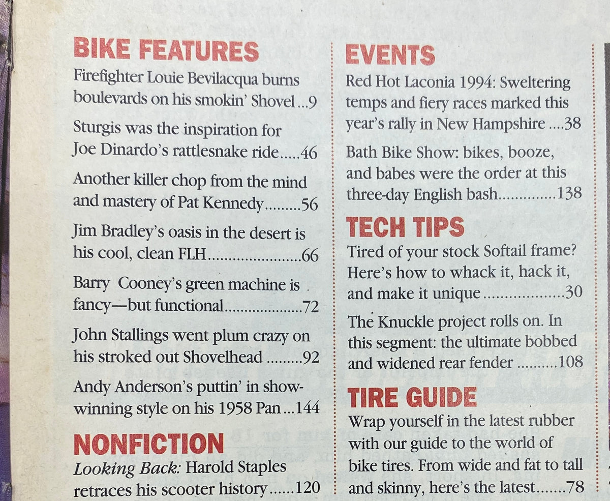 Easyriders Magazine November 1994 featuring a table of contents highlighting bike features, events, tech tips, and more from the legendary Laconia Race Week.