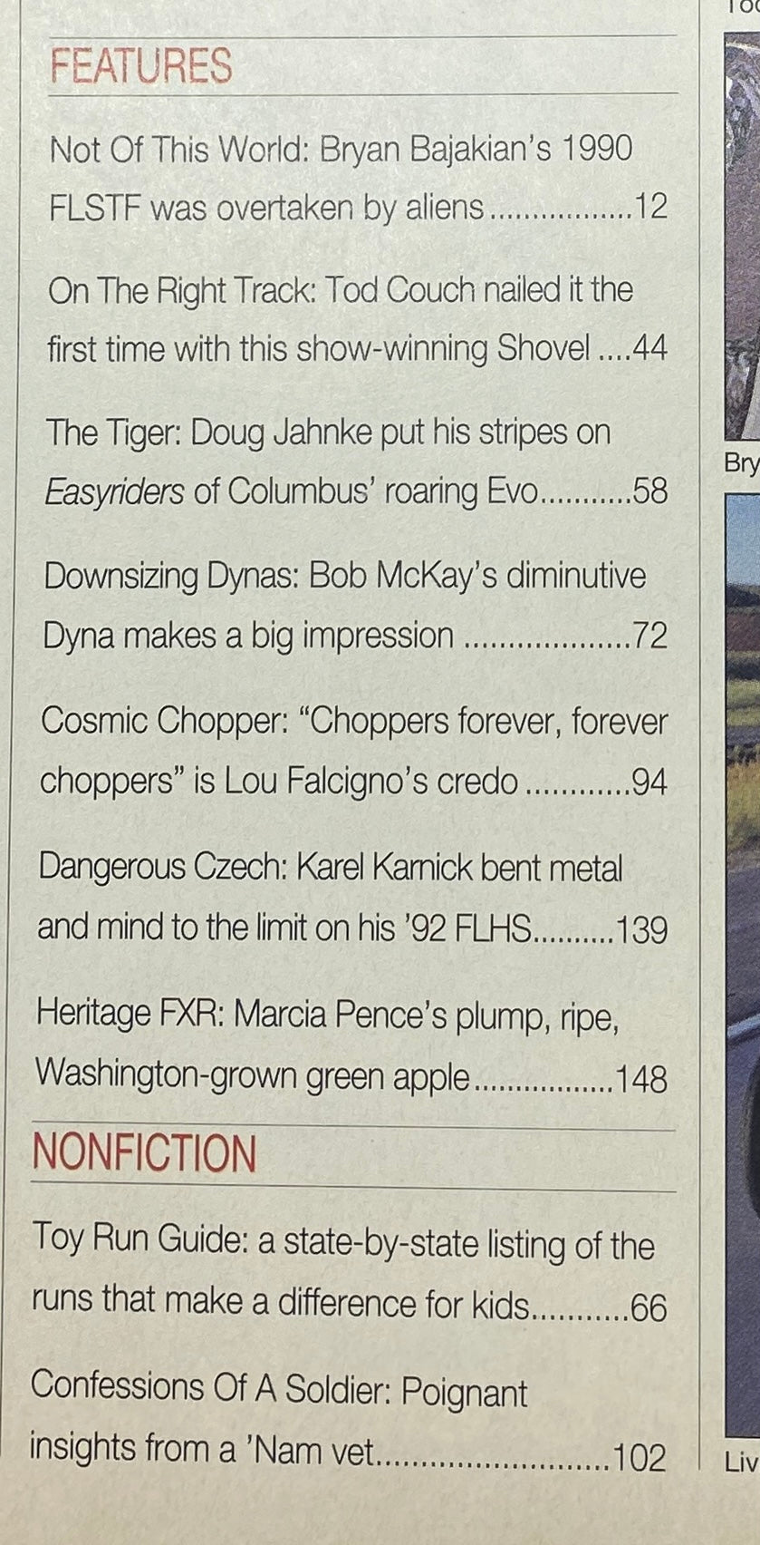 Easyriders Magazine December 1995 features page listing articles about motorcycle stories, including Vietnam veteran insights.