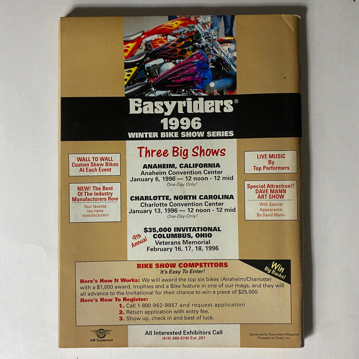 Back cover of Easyriders Magazine December 1995 promoting Winter Bike Show events and competitions.