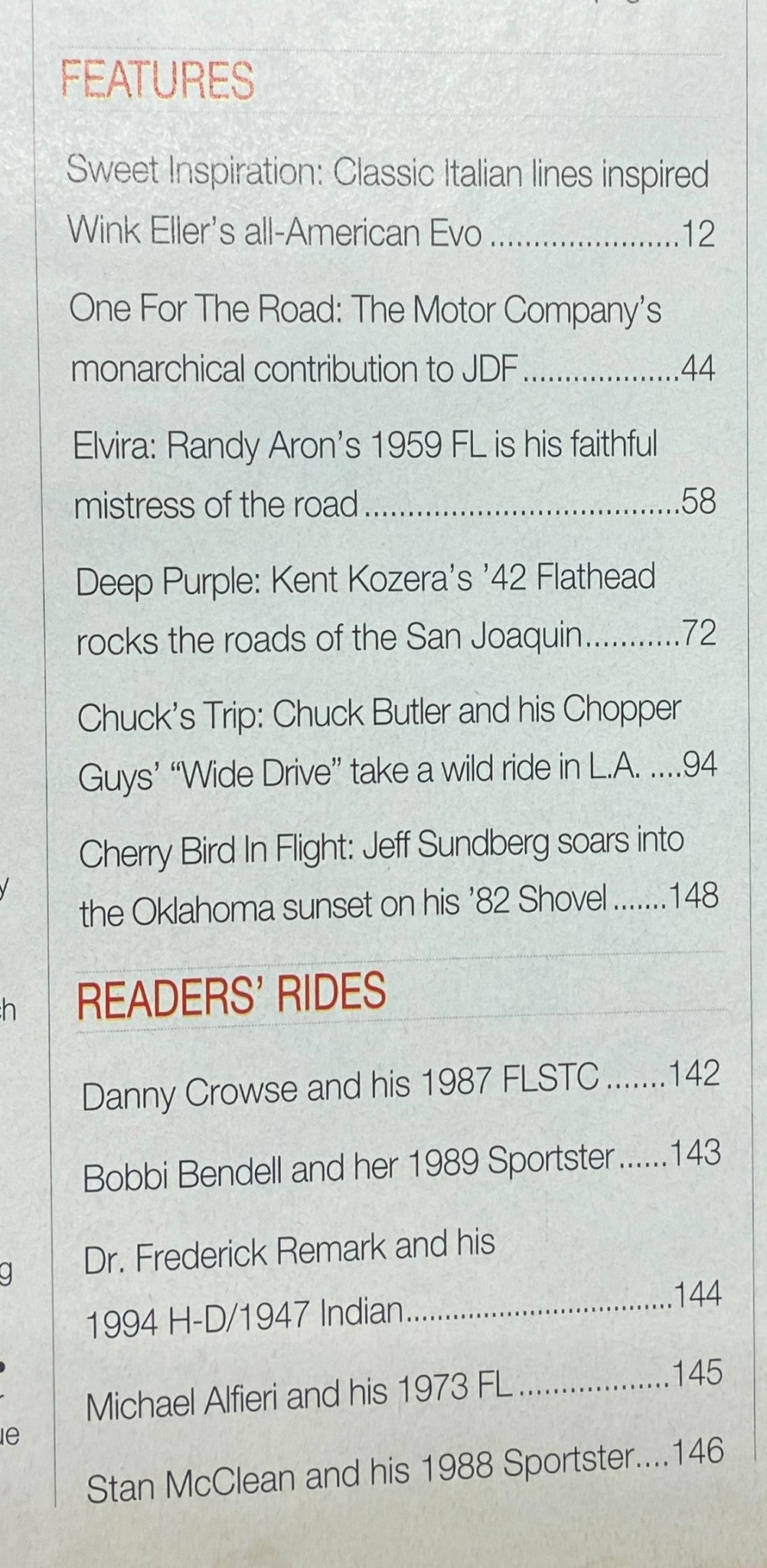 Features section of Easyriders Magazine September 1995, highlighting articles like Sweet Inspiration and Deep Purple, showcasing motorcycle stories and rider experiences.