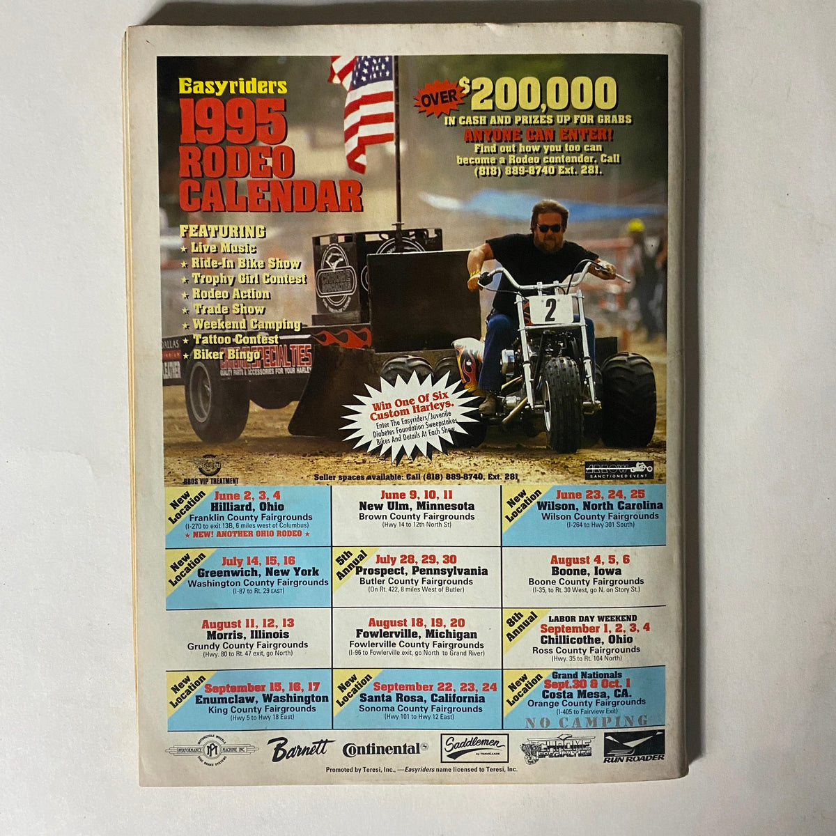 Back cover of Easyriders Magazine September 1995 promoting the 1995 Rodeo Calendar with motorcycle events and contests, embodying the spirit of motorcycle community activities.