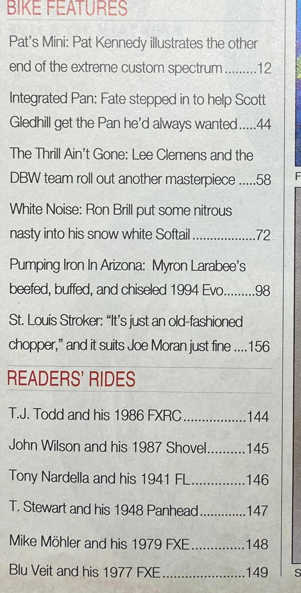 Easyriders Magazine May 1995 featuring an article index with titles related to custom motorcycles, highlighting bike features like Pat's Mini and The Thrill Ain't Gone by Lee Clemens and the DBW team.