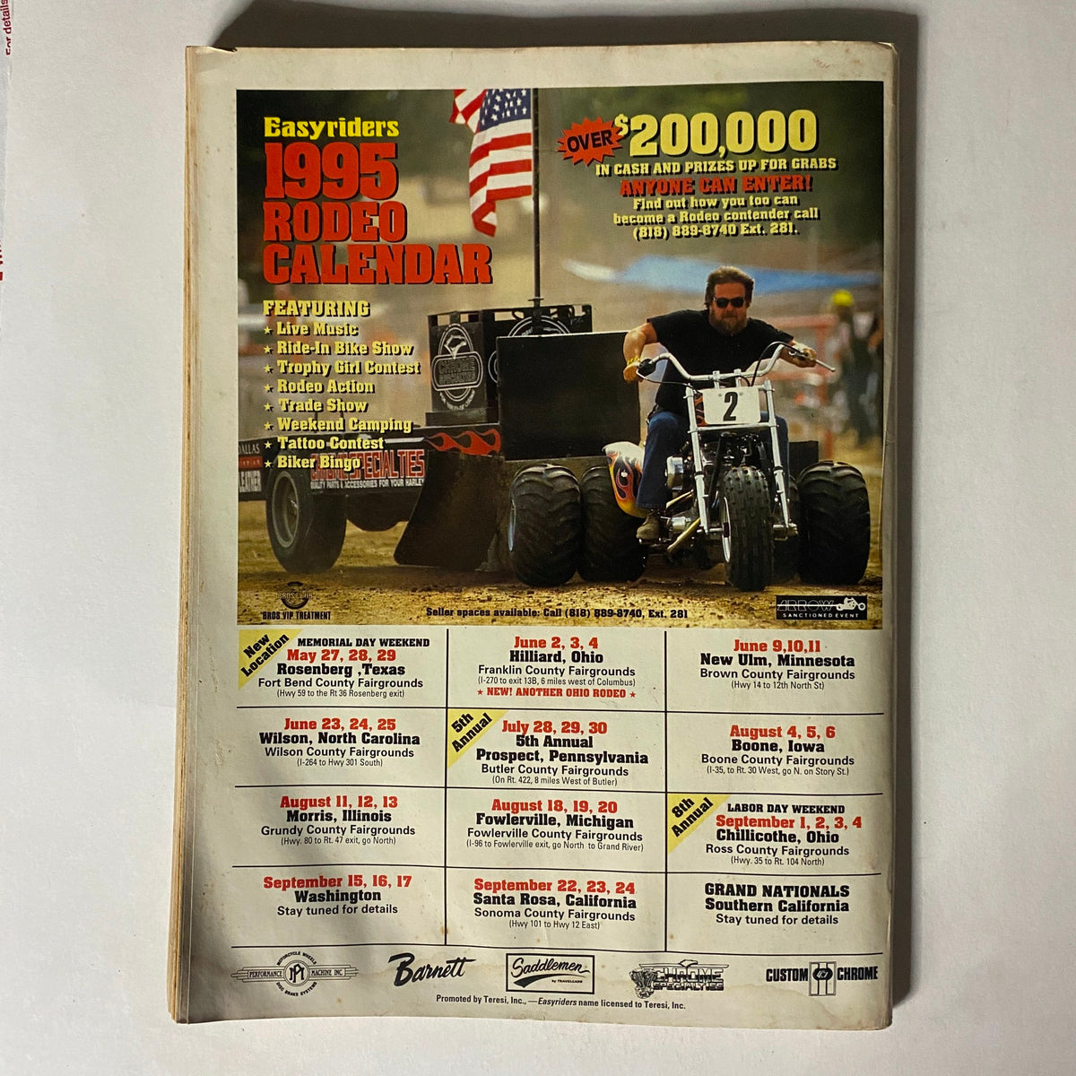 Easyriders Magazine May 1995 showing the back cover featuring the 1995 Rodeo Calendar, detailing motorcycle events, live music, and contests associated with Easyriders, with emphasis on cash prizes.