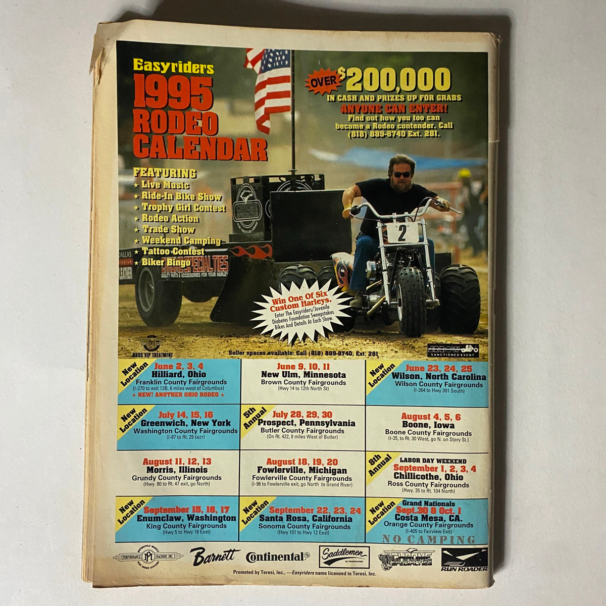 Back cover of Easyriders Magazine July 1995 showcasing the 1995 Rodeo Calendar with events, live music, and motorcycle competitions.