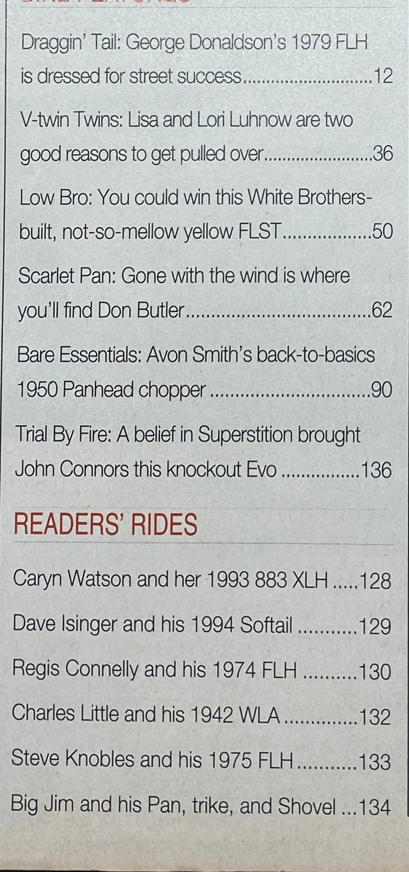 Contents page of Easyriders Magazine January 1995 showcasing feature articles and reader's rides related to motorcycle culture.