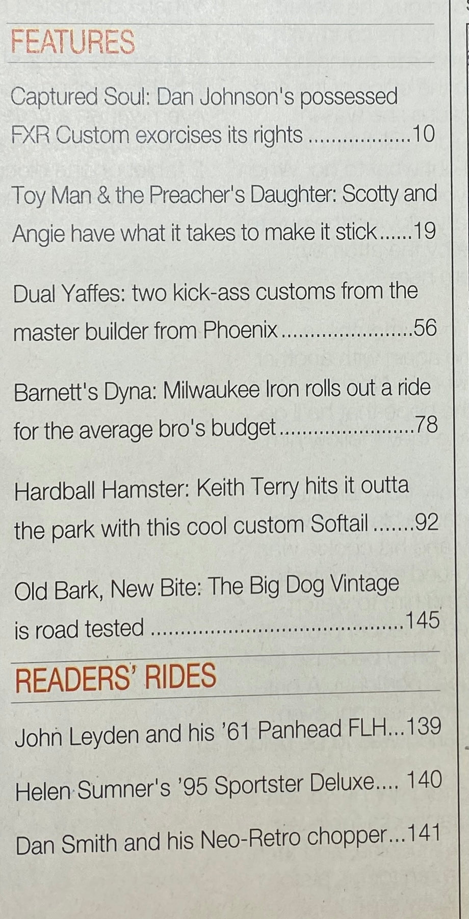Feature article page from Easyriders Magazine March 1997 listing motorcycle features including Dan Johnson's FXR Custom and readers' rides. The page emphasizes the culture of motorcycle enthusiasts.