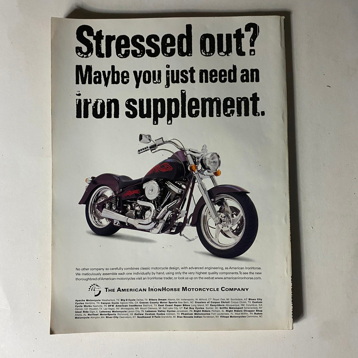 Advertisement from Easyriders Magazine September 1999 promoting American IronHorse motorcycles with the slogan 'Stressed out? Maybe you just need an iron supplement.'