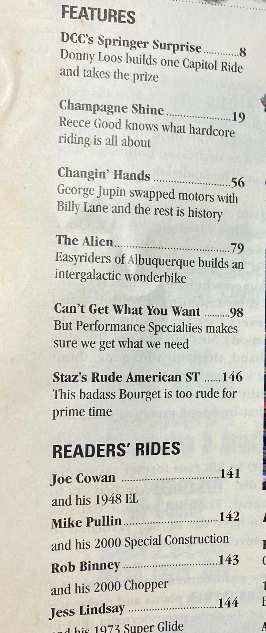 Easyriders Magazine October 2001 contents page highlighting features like DCC's Springer Surprise and tattoo culture.