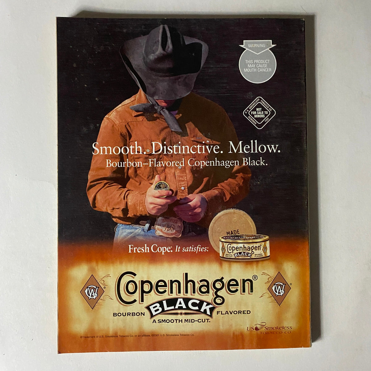 Easyriders Magazine October 2001 The Best Biker Ink Tattoo Special cover featuring a cowboy holding a Copenhagen Black flavored product, emphasizing smoothness and distinctive flavor, representative of biker culture and tattoo art.