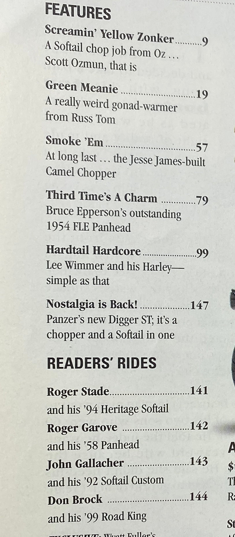Inside page of Easyriders Magazine July 2000, listing features including the 'Screamin' Yellow Zonker' and 'Green Meanie', highlighting motorcycle culture.